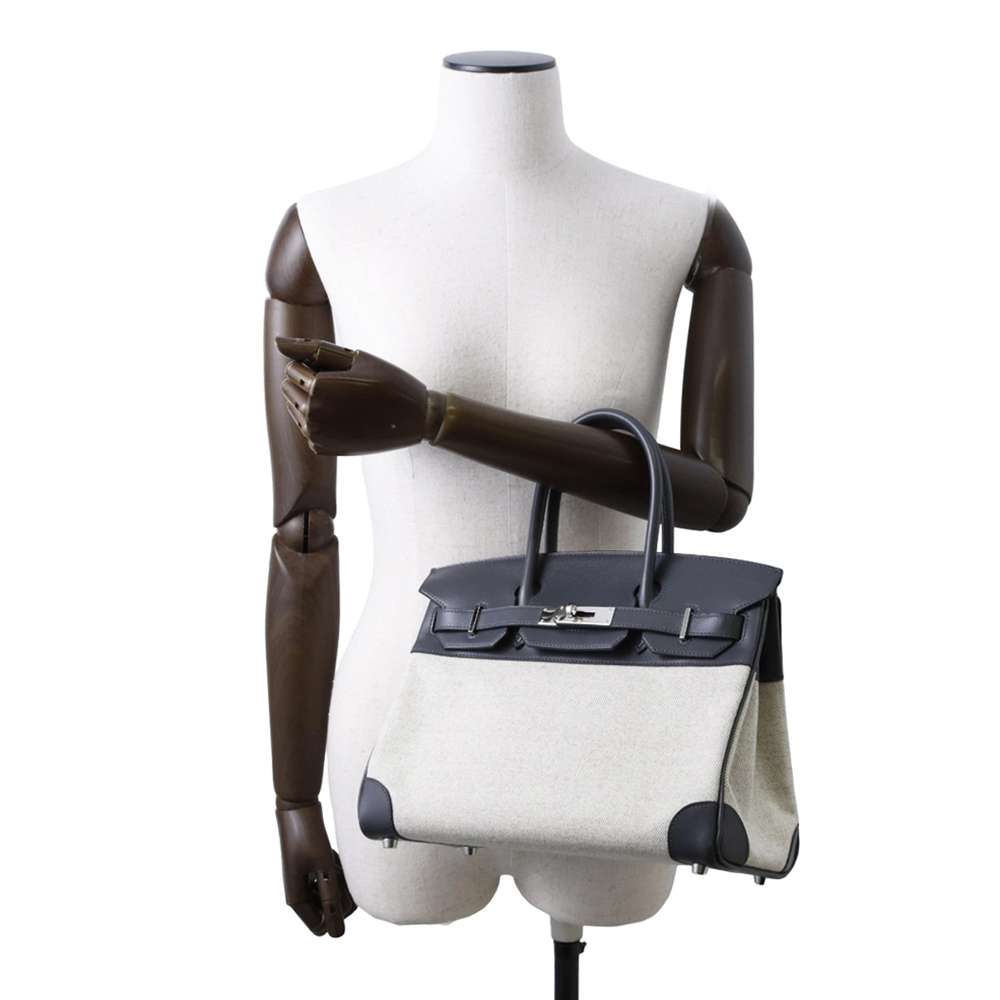 HERMES Birkin Gray/ Ecru Toile H Box Calf Leather Size 30