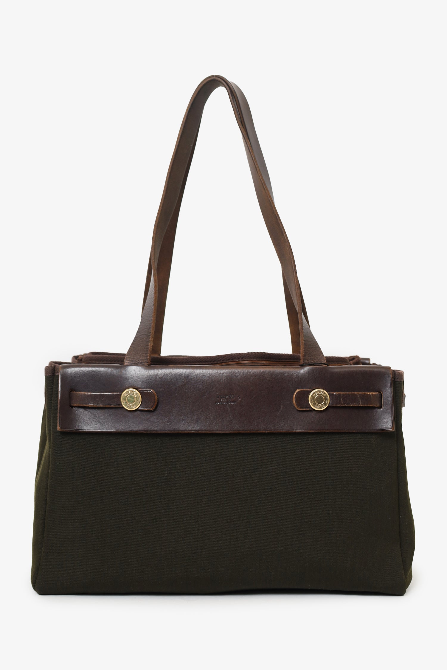 Hermès 2003 Brown/Green Leather/Canvas Changeable Vibrato Herbag PM