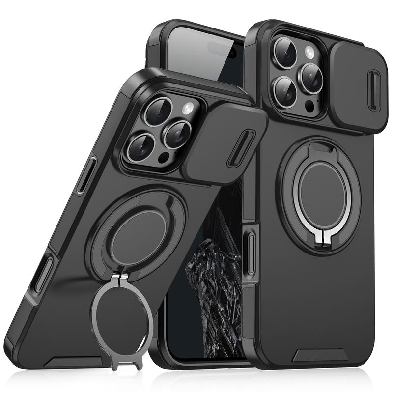 Case with Slide Camera Cover & Rotatable Ring Kickstand, Military - Grade Shockproof Protective Case for iPhone 11/12/13/14/15/16/17 Series