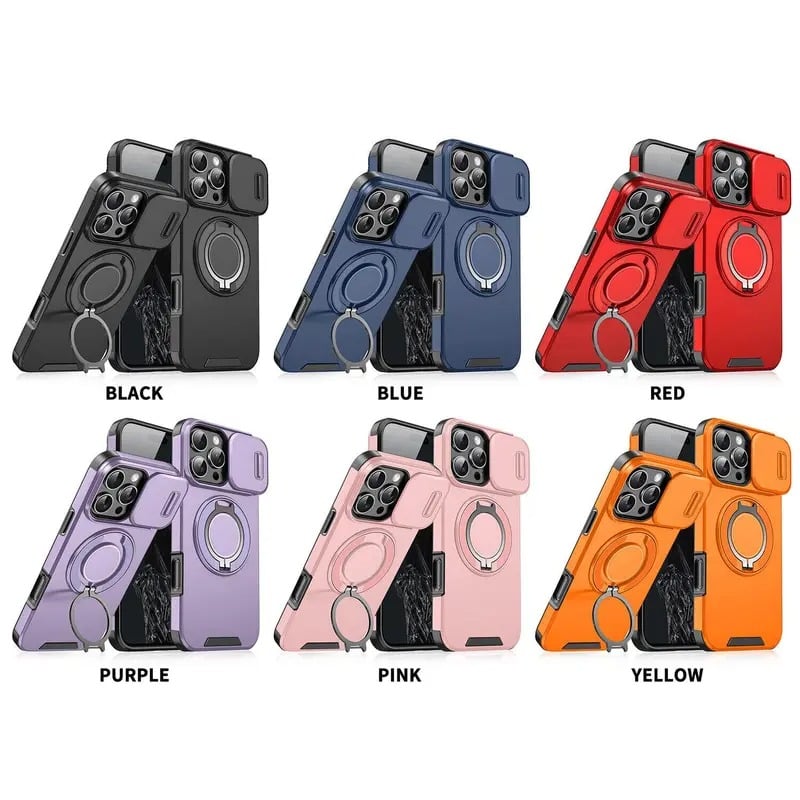 Case with Slide Camera Cover & Rotatable Ring Kickstand, Military - Grade Shockproof Protective Case for iPhone 11/12/13/14/15/16/17 Series