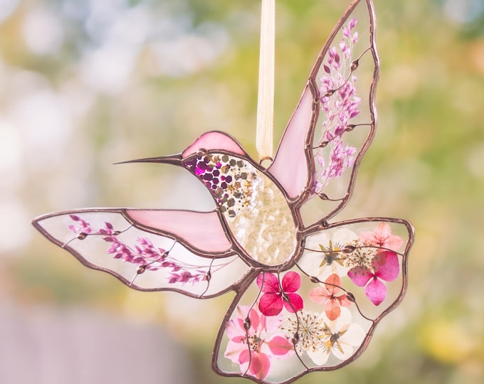 🔥LAST DAY 49% OFF -🐦‍⬛ Handmade Floral Stained Glass Hummingbird
