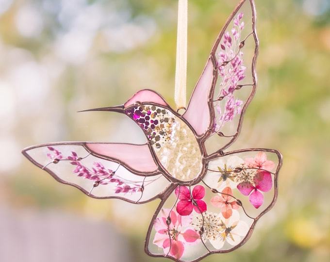 🔥LAST DAY 49% OFF -🐦‍⬛ Handmade Floral Stained Glass Hummingbird