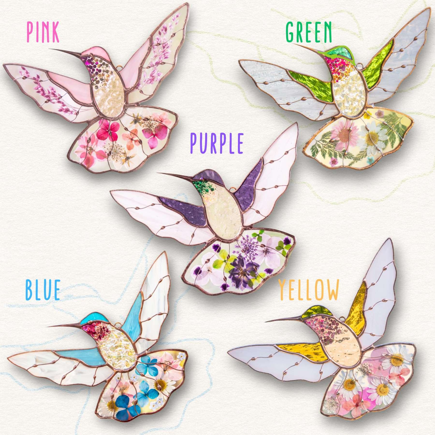 🔥LAST DAY 49% OFF -🐦‍⬛ Handmade Floral Stained Glass Hummingbird