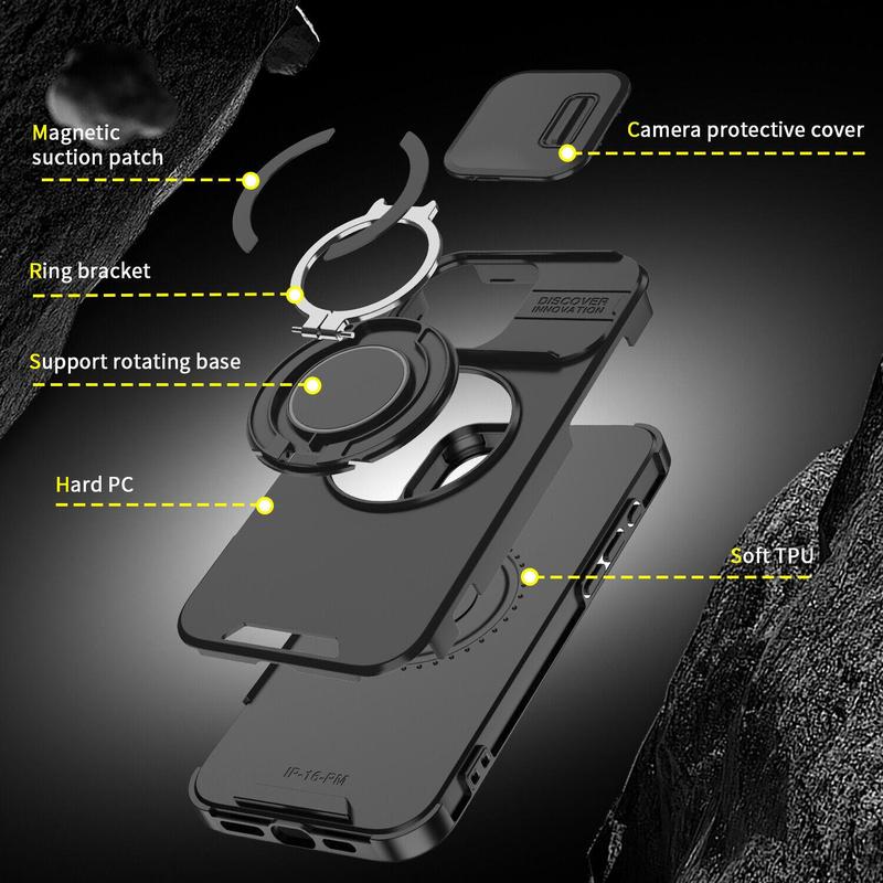 Case with Slide Camera Cover & Rotatable Ring Kickstand, Military - Grade Shockproof Protective Case for iPhone 11/12/13/14/15/16/17 Series