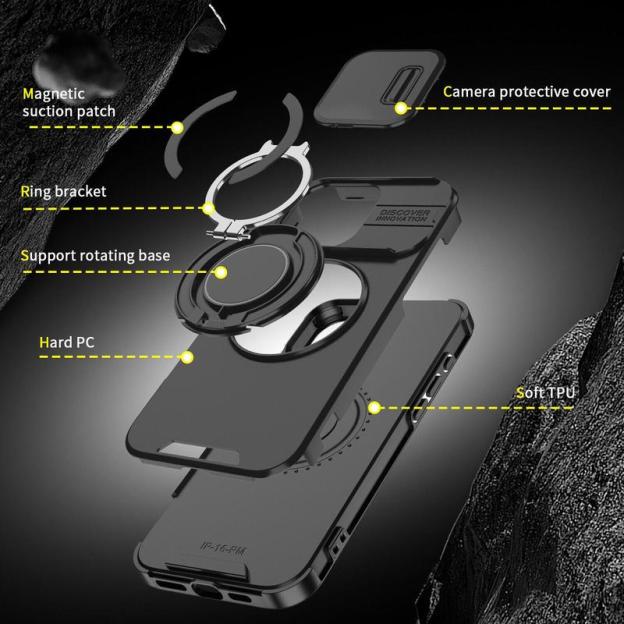 Case with Slide Camera Cover & Rotatable Ring Kickstand, Military - Grade Shockproof Protective Case for iPhone 11/12/13/14/15/16/17 Series