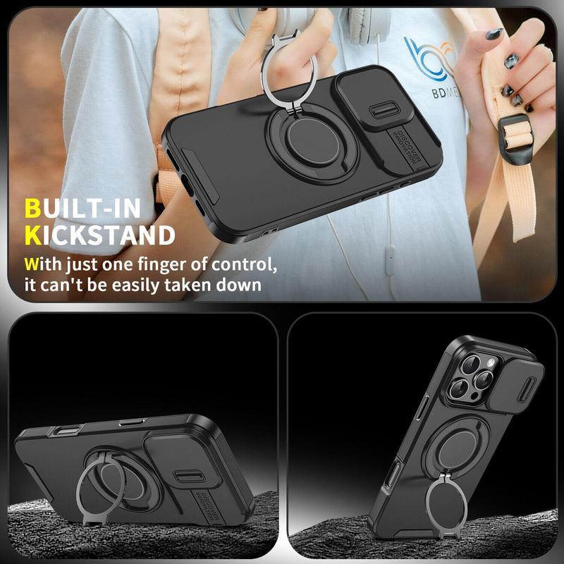 Case with Slide Camera Cover & Rotatable Ring Kickstand, Military - Grade Shockproof Protective Case for iPhone 11/12/13/14/15/16/17 Series