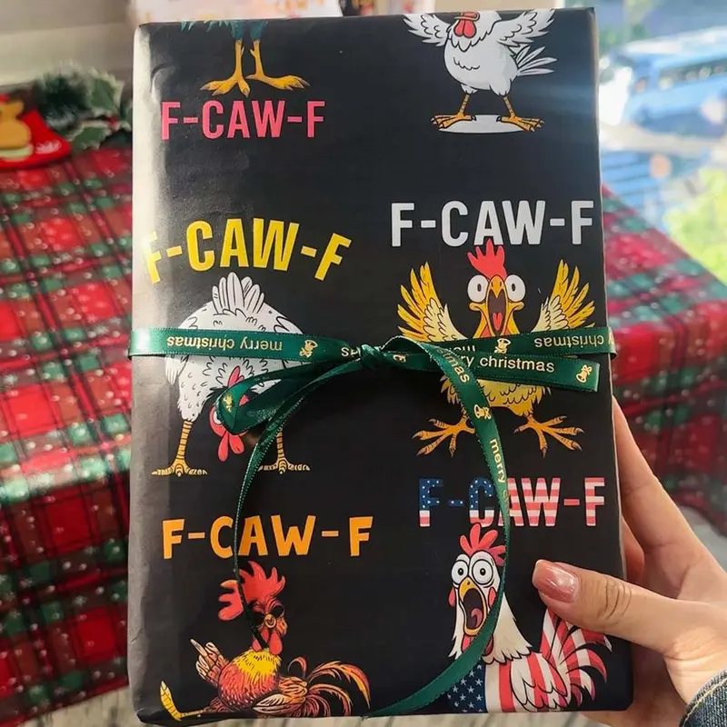 🎄 “F-CAW-F” Funny Chicken Christmas Wrapping Paper 🐔✨