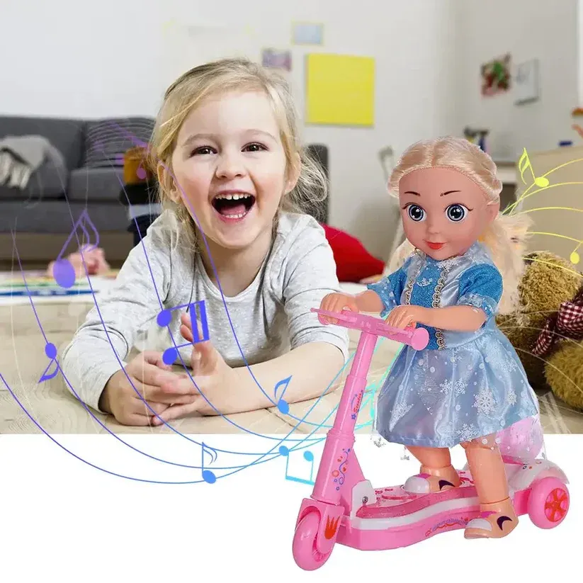 Pink princess doll with scooter bright, musical and universal