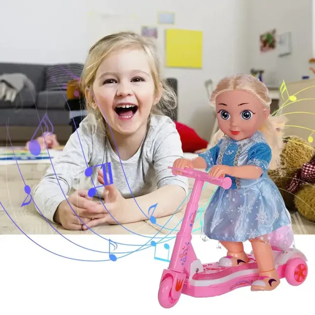Pink princess doll with scooter bright, musical and universal