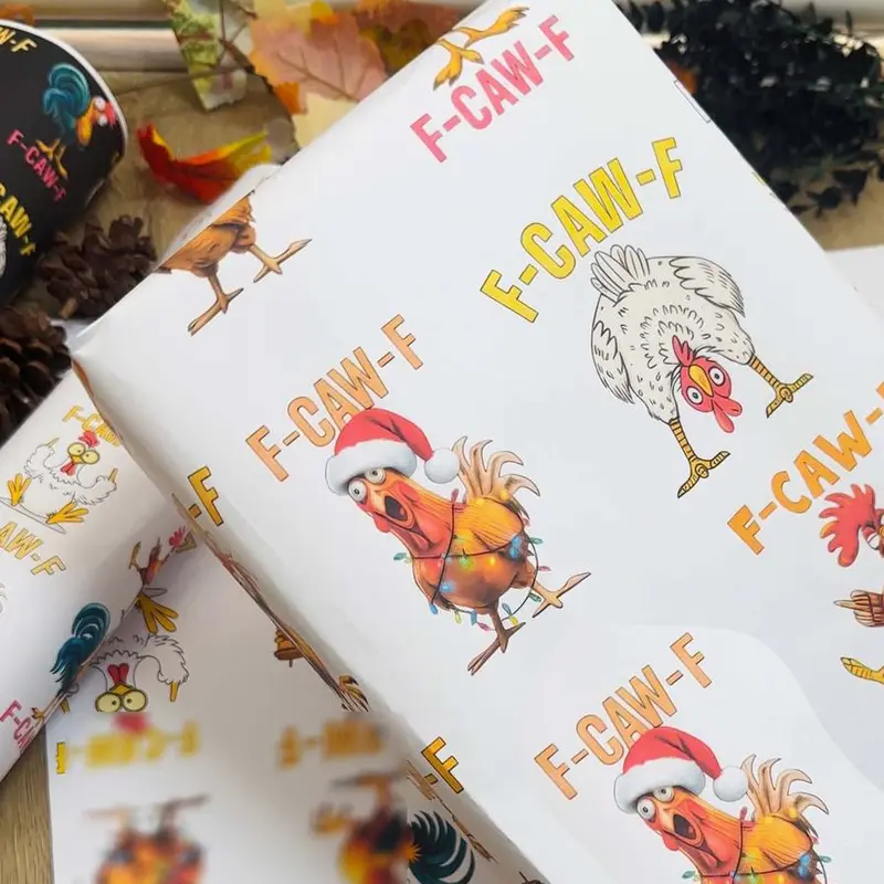 🎄 “F-CAW-F” Funny Chicken Christmas Wrapping Paper 🐔✨