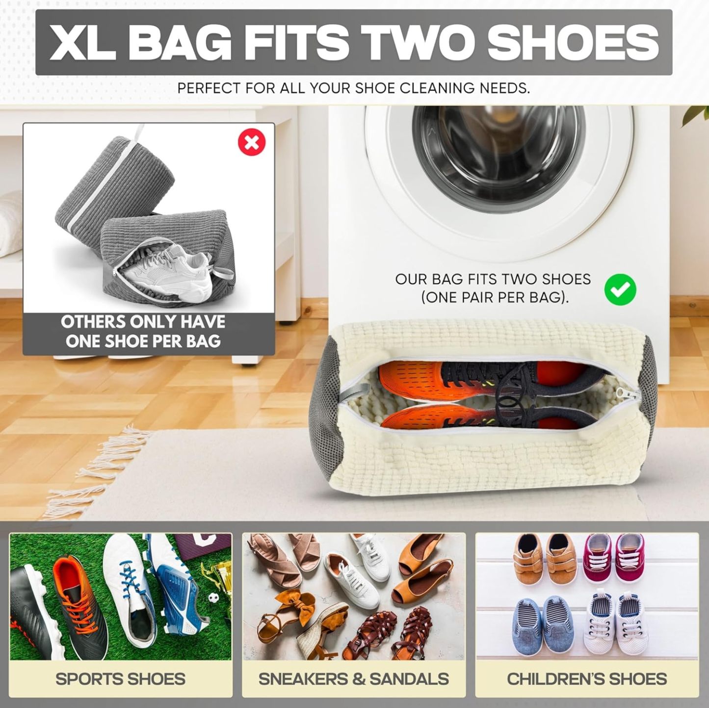 Shoe Washing Machine Bag | Laundry Shoe Bag for Washer and Dryer - Reusable Sneaker Washing Machine Bag - Suitable for All Footwear Types and Sizes | Fits One Full-Size Pair of Shoes