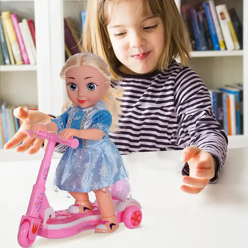 Pink princess doll with scooter bright, musical and universal