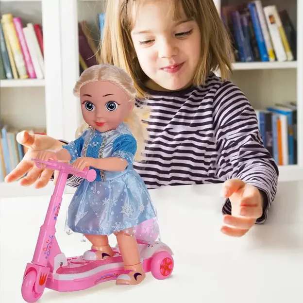 Pink princess doll with scooter bright, musical and universal