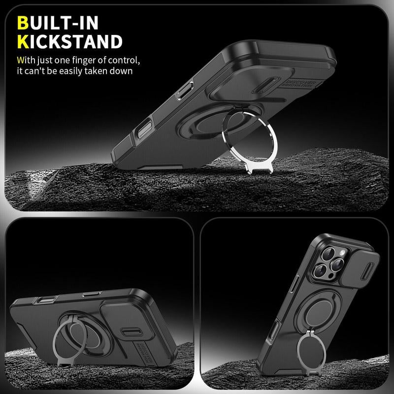 Case with Slide Camera Cover & Rotatable Ring Kickstand, Military - Grade Shockproof Protective Case for iPhone 11/12/13/14/15/16/17 Series