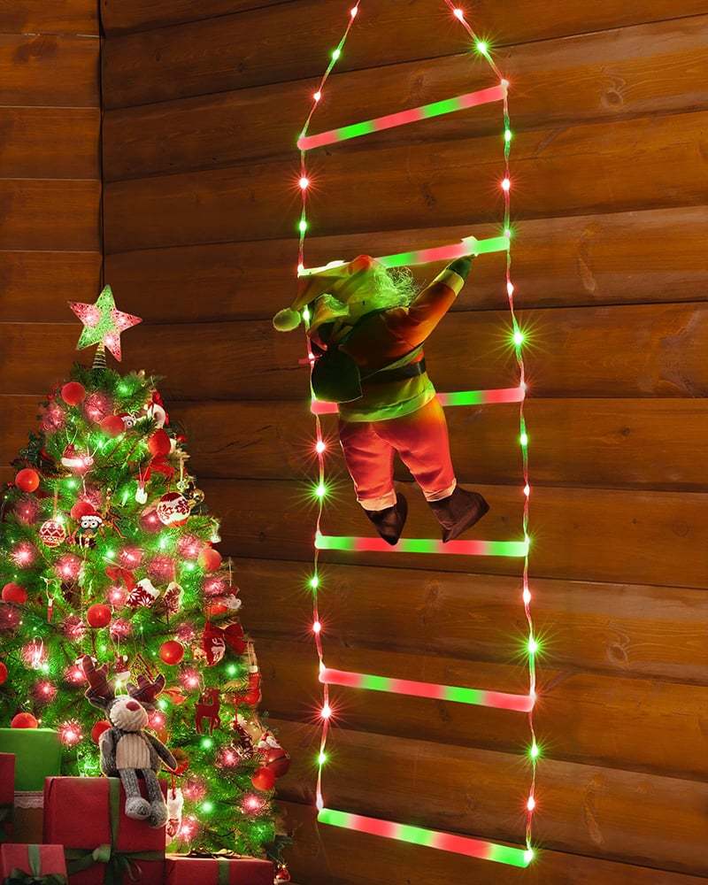 Santa Claus climbing stairs decorates