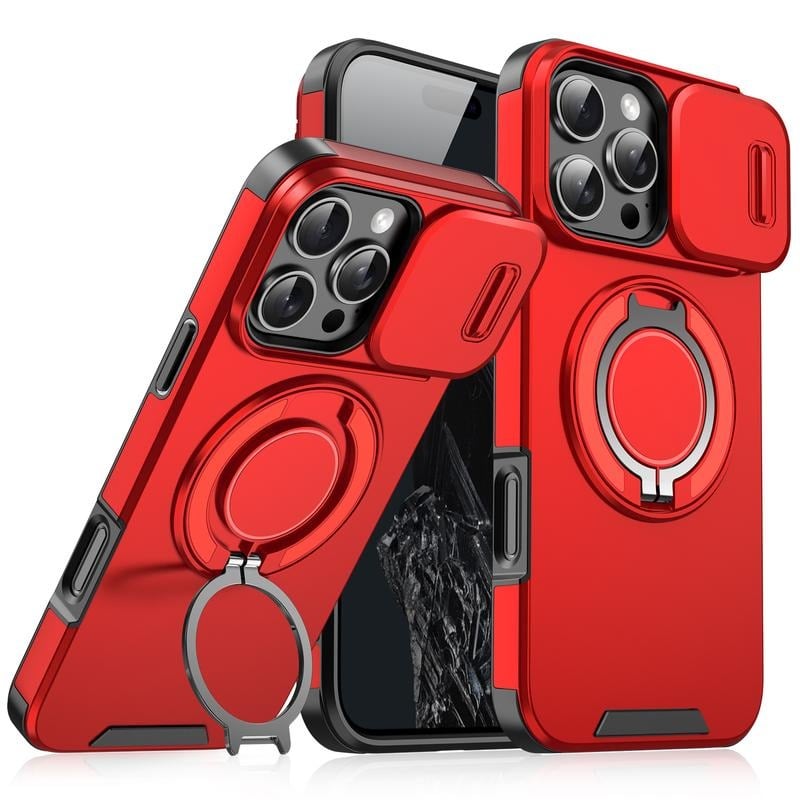Case with Slide Camera Cover & Rotatable Ring Kickstand, Military - Grade Shockproof Protective Case for iPhone 11/12/13/14/15/16/17 Series