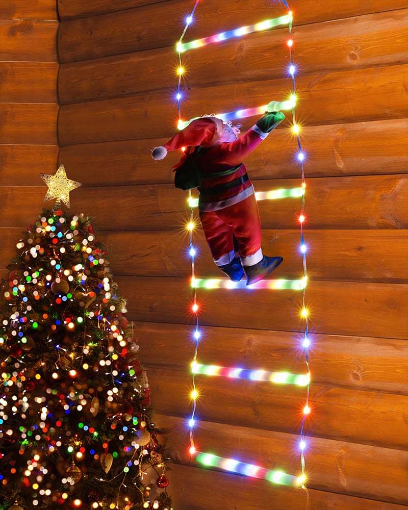 Santa Claus climbing stairs decorates