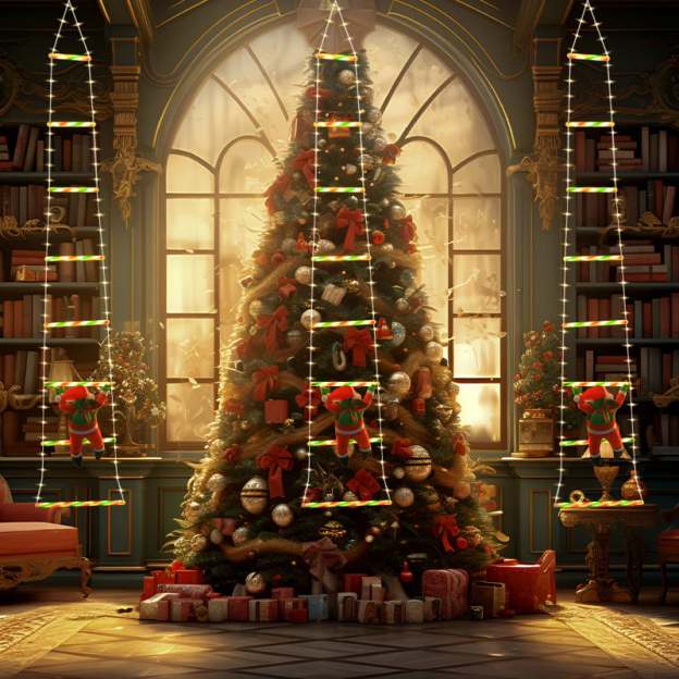 Santa Claus climbing stairs decorates