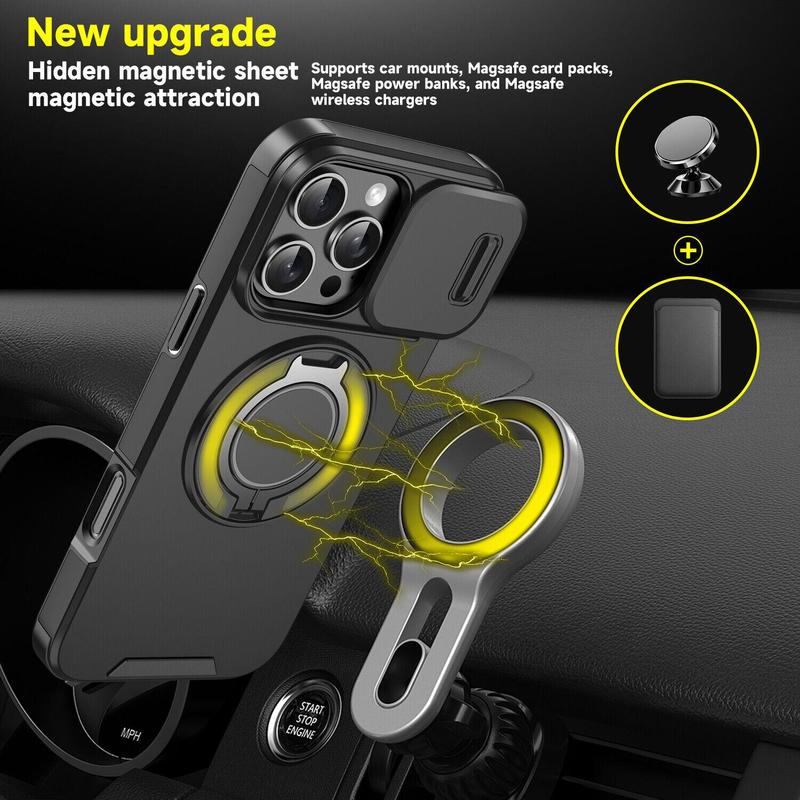 Case with Slide Camera Cover & Rotatable Ring Kickstand, Military - Grade Shockproof Protective Case for iPhone 11/12/13/14/15/16/17 Series
