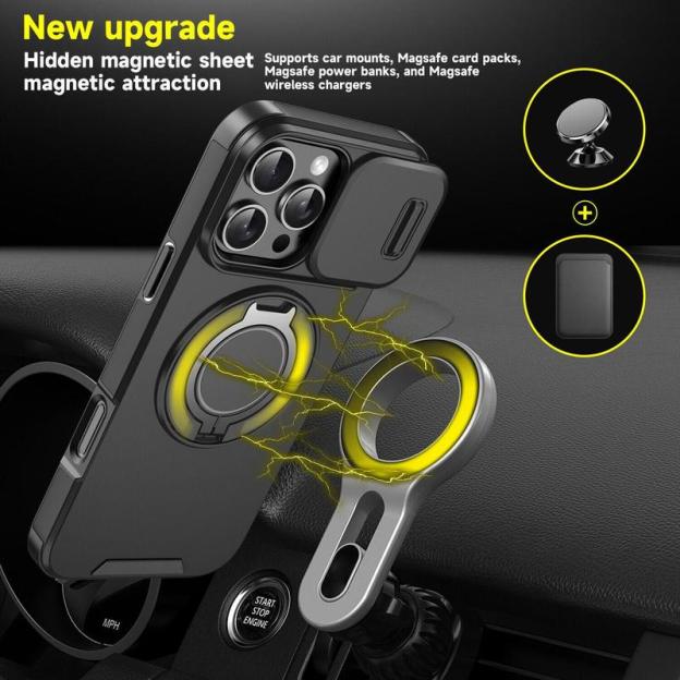 Case with Slide Camera Cover & Rotatable Ring Kickstand, Military - Grade Shockproof Protective Case for iPhone 11/12/13/14/15/16/17 Series