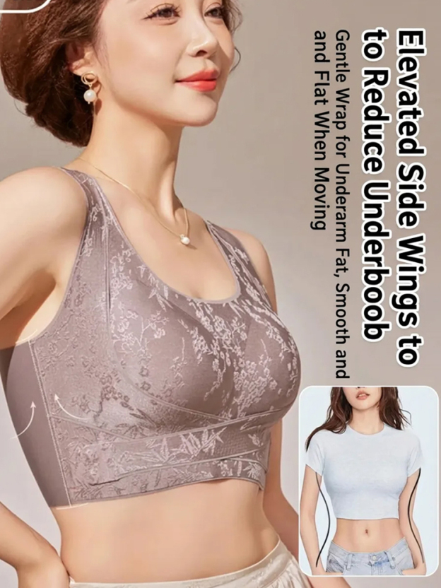 Elegant front-clasp lifting and gathering bra with a beautiful back design