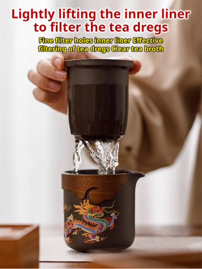 Portable purple clay dragon and phoenix teapot set