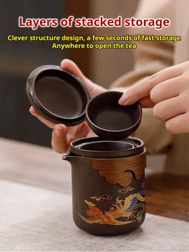 Portable purple clay dragon and phoenix teapot set
