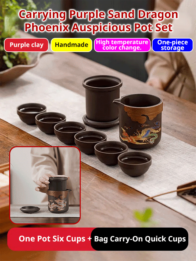 Portable purple clay dragon and phoenix teapot set