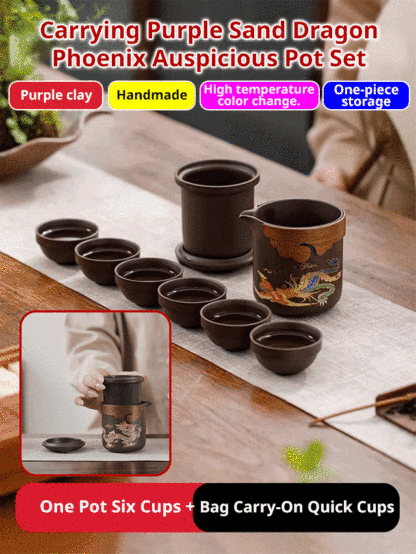 Portable purple clay dragon and phoenix teapot set