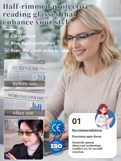 Half-frame reading glasses with a sophisticated look