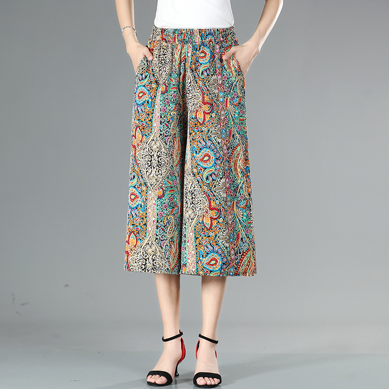 High Waist Printed Cropped Wide Leg Pants