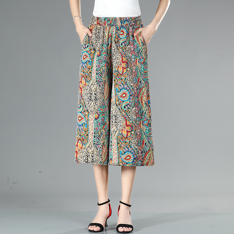 High Waist Printed Cropped Wide Leg Pants