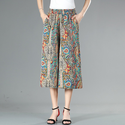 High Waist Printed Cropped Wide Leg Pants