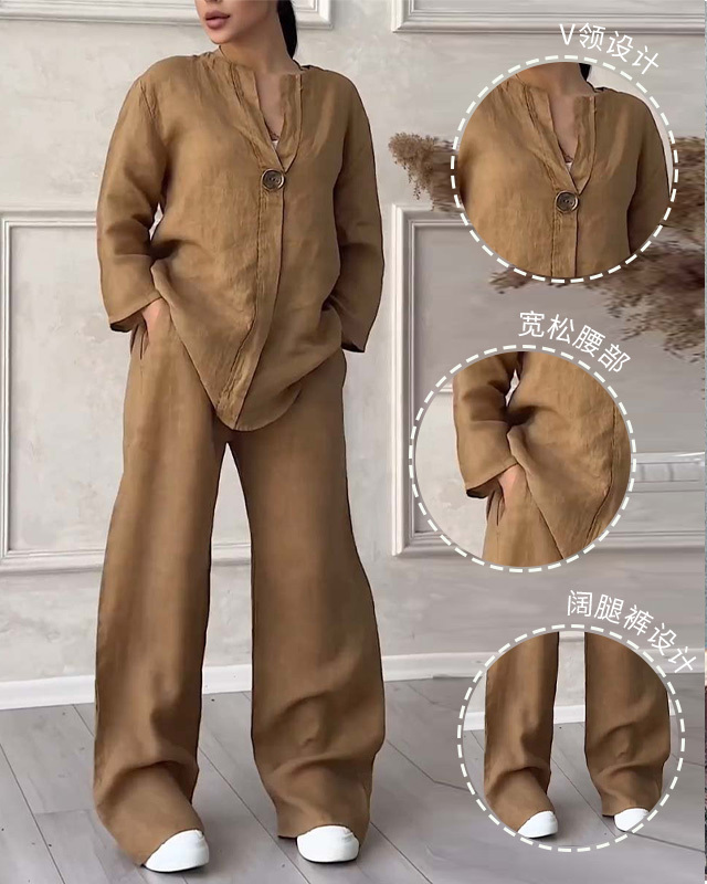 Fashionable Solid Color Cotton and Linen Casual Suit