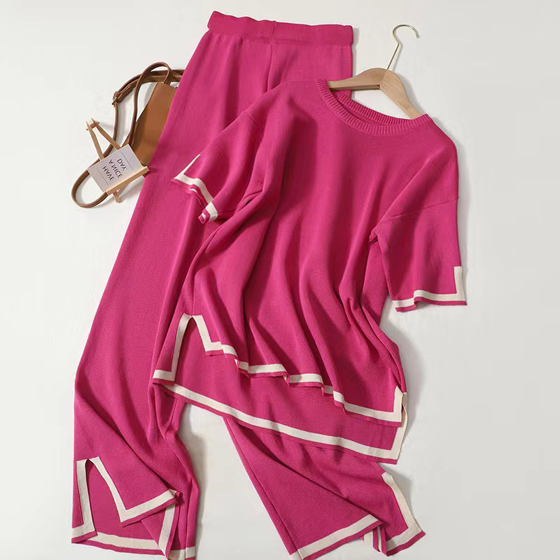 High-Waisted Color-Block Short-Sleeve Knit Top and Wide-Leg Pants Set for a Slimming Look