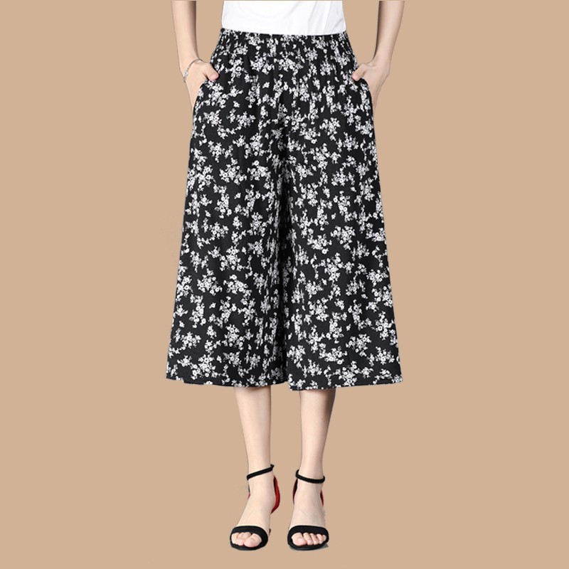 High Waist Printed Cropped Wide Leg Pants
