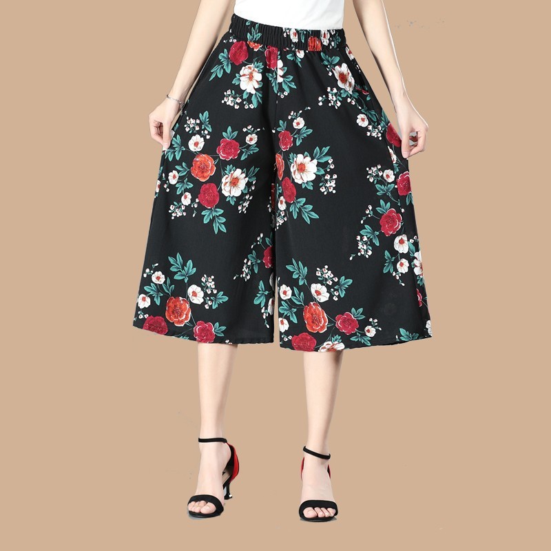 High Waist Printed Cropped Wide Leg Pants