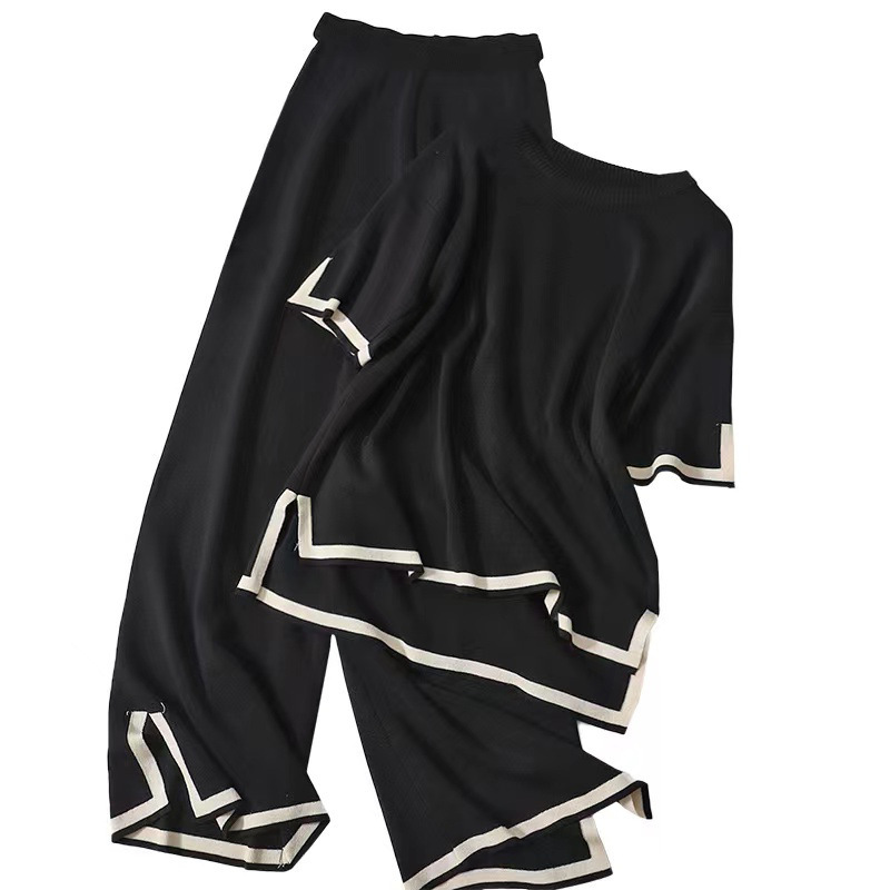 High-Waisted Color-Block Short-Sleeve Knit Top and Wide-Leg Pants Set for a Slimming Look