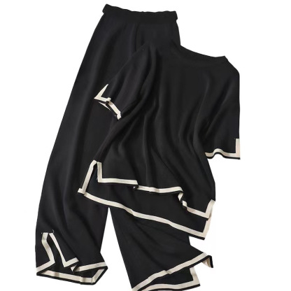 High-Waisted Color-Block Short-Sleeve Knit Top and Wide-Leg Pants Set for a Slimming Look