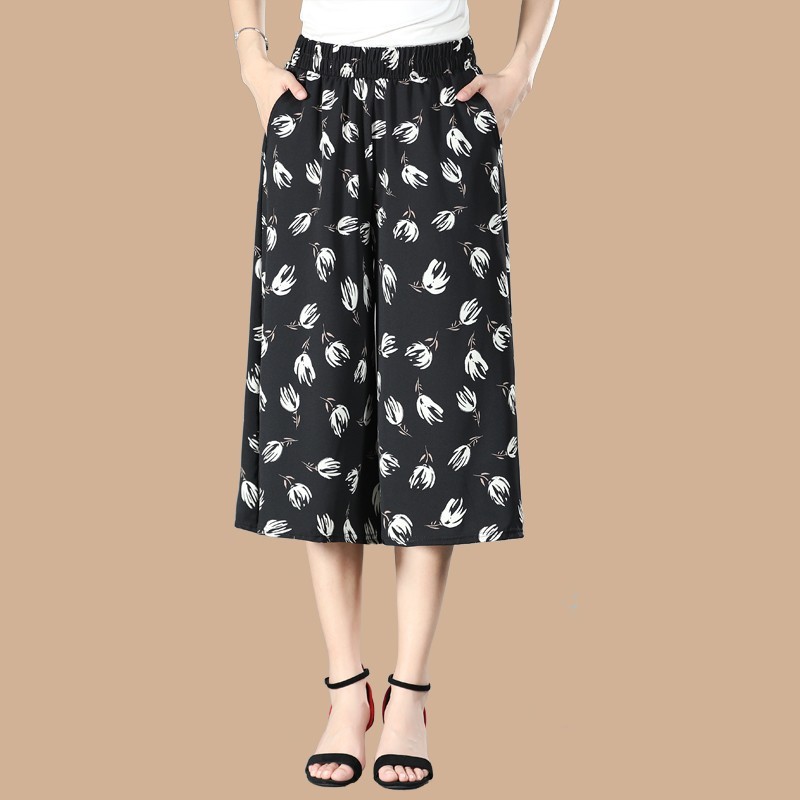 High Waist Printed Cropped Wide Leg Pants