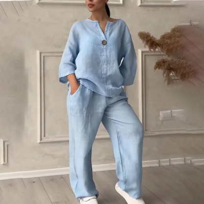 Fashionable Solid Color Cotton and Linen Casual Suit