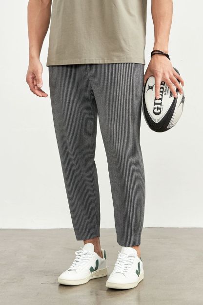 Men's Pleated Ankle Length Pants Casual Japanese Style Pencil Cropped Pants Drawstring Elastic Waist