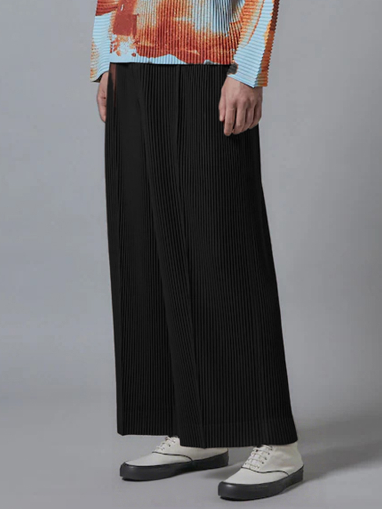 Men's Pleated Wide Leg Loose Pants Fashion Solid Color Trouser Drawstring Elastic Waist