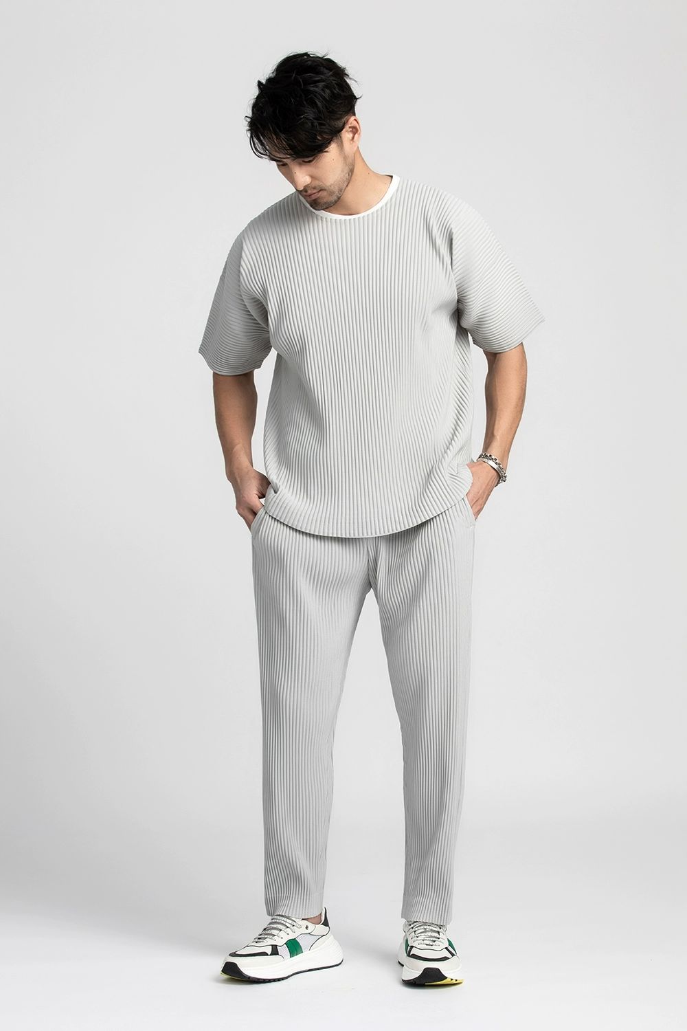 Men's Pleated Wild Pants Solid Color Straight Pants Casual Suit Trousers Elastic Waist