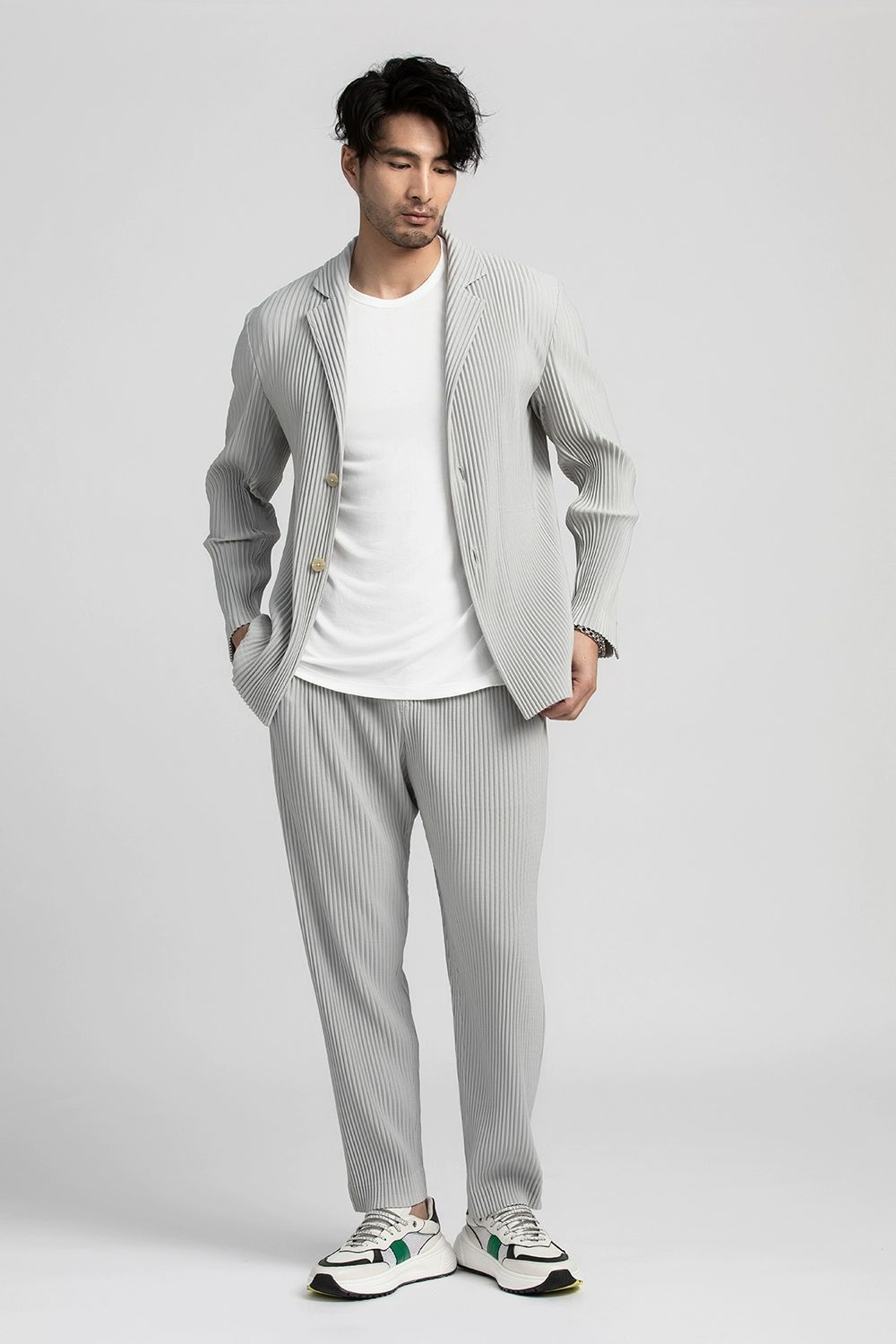 Men's Pleated Wild Pants Solid Color Straight Pants Casual Suit Trousers Elastic Waist