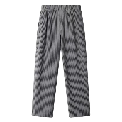 Men's Pleated Wild Pants Solid Color Straight Pants Casual Suit Trousers Elastic Waist