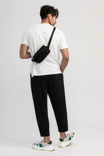 Men's Pleated Ankle Length Pants Casual Japanese Style Pencil Cropped Pants Drawstring Elastic Waist