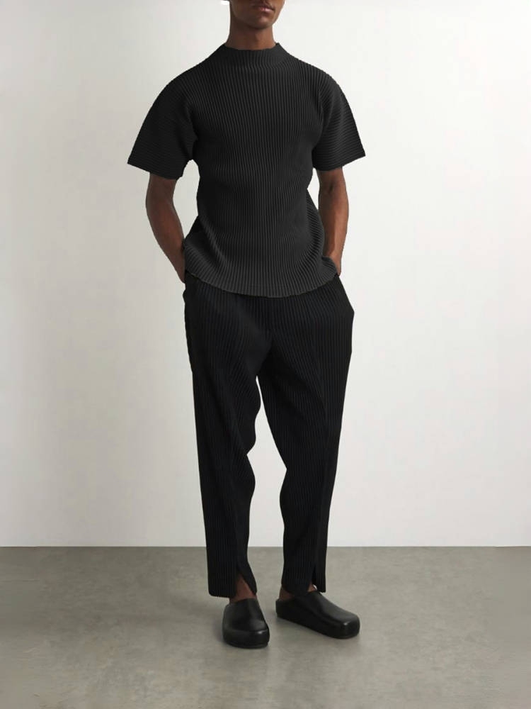 Men's Pleated Short Sleeve Turtleneck T-Shirt Fashion Plain Tee