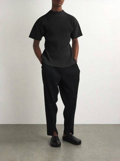 Men's Pleated Short Sleeve Turtleneck T-Shirt Fashion Plain Tee