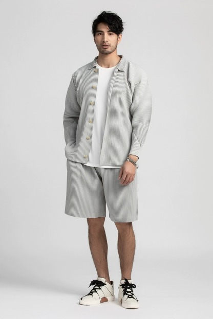 Men's Pleated Long Sleeve Shirt Casual Button Up Shirt